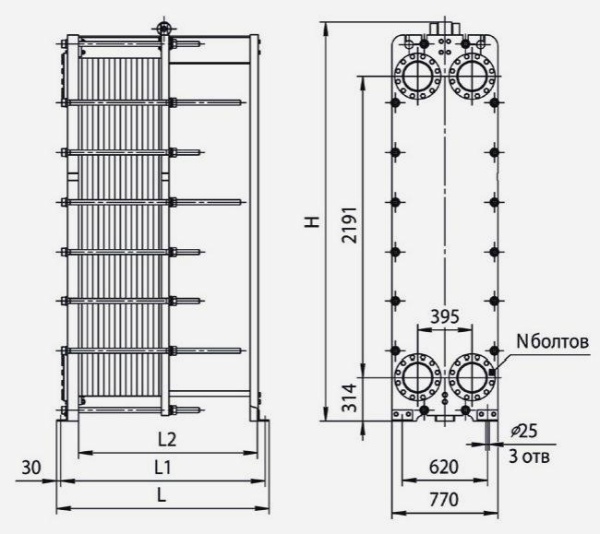 Разборный пластинчатый теплообменник Ридан НН 152 Ду 200